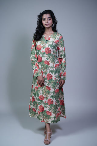 Kusum Vintage Rose – Pure Cotton Tissue Long A-Line Kurti