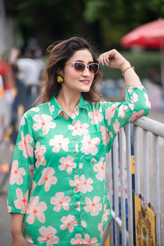 Kusum Mint Blossom – Pure Cotton Floral Shirt Top