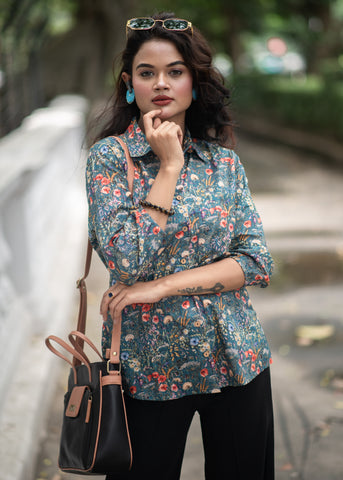 Kusum Midnight Meadow – Pure Cotton Floral Button-Down Shirt
