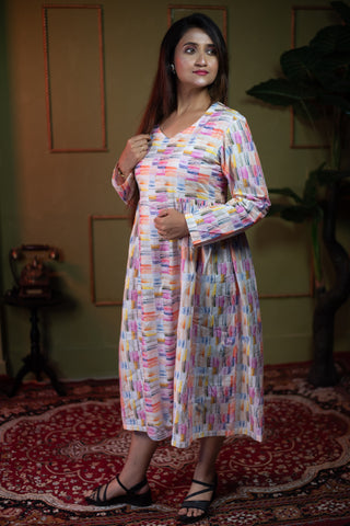 Aindri Watercolor Bloom Flare – Pure Cotton Modal Dress