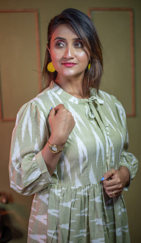 Aindri Olive-Mist Cotton Ikat Long Dress