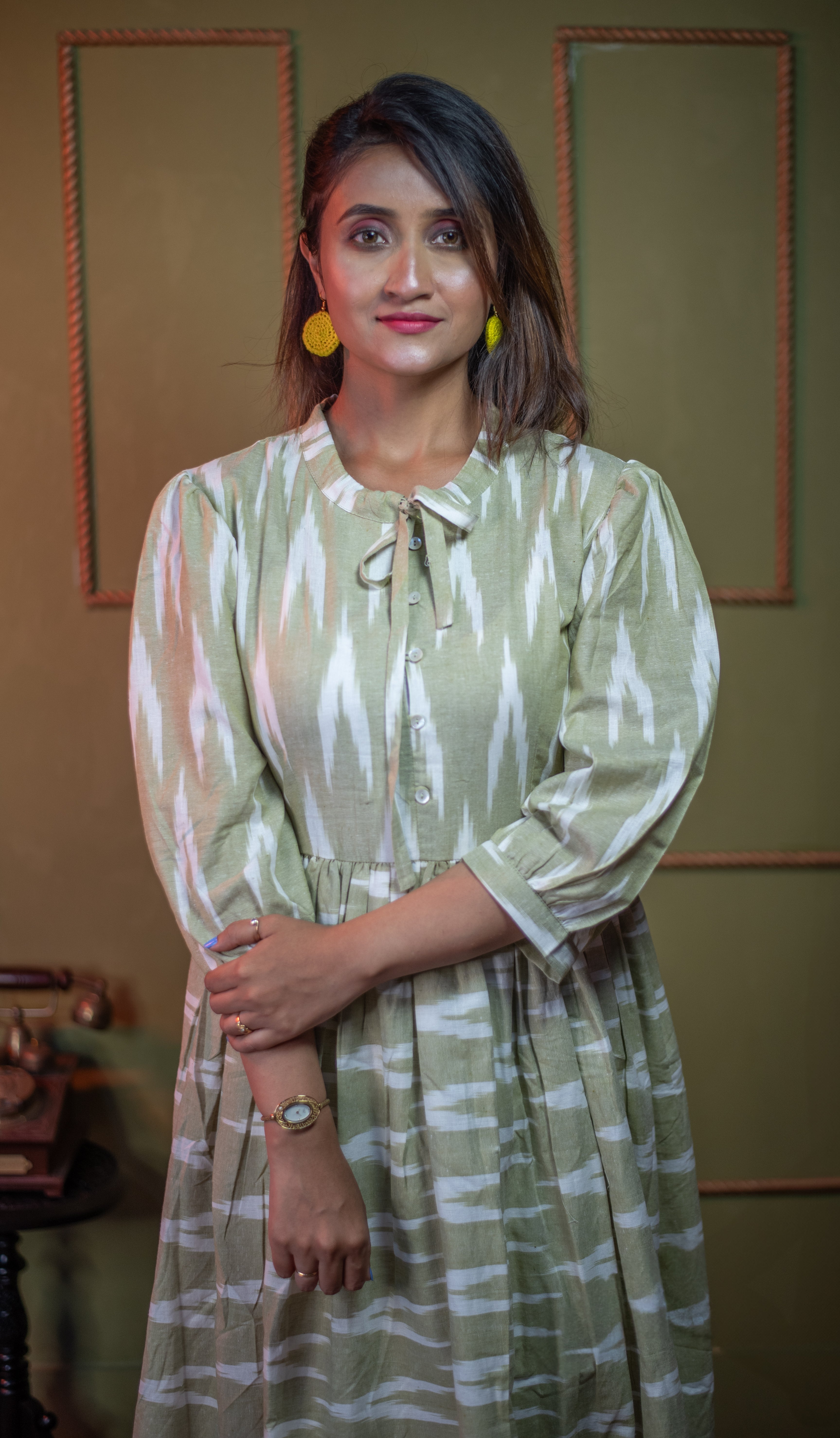 Aindri Olive-Mist Cotton Ikat Long Dress